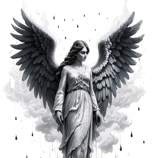 angel wings with clouds fire rain tattoo design idea