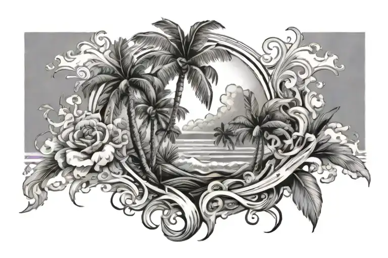 flor de magna with palm trees and waves crashing tattoo design idea