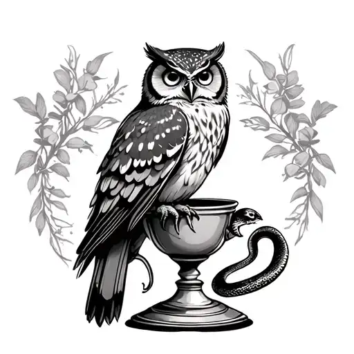 owl perched on cup of hygeia snake chalice tattoo design idea