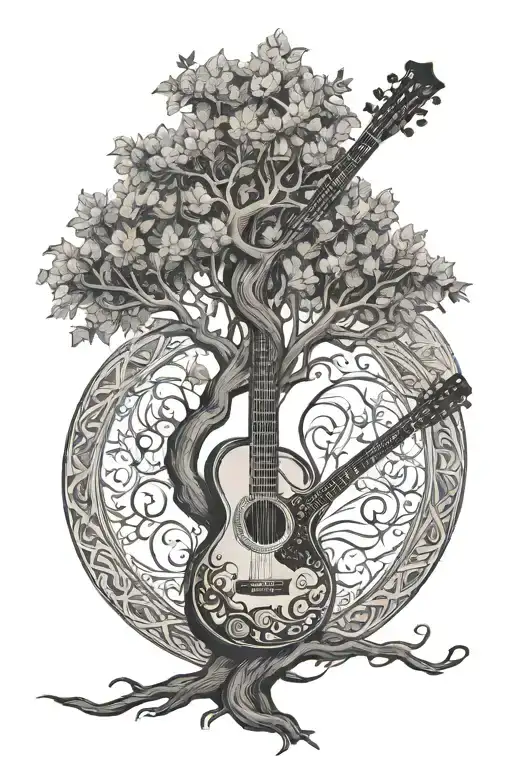 tree of life with acoustic guitar intertwined tattoo design idea