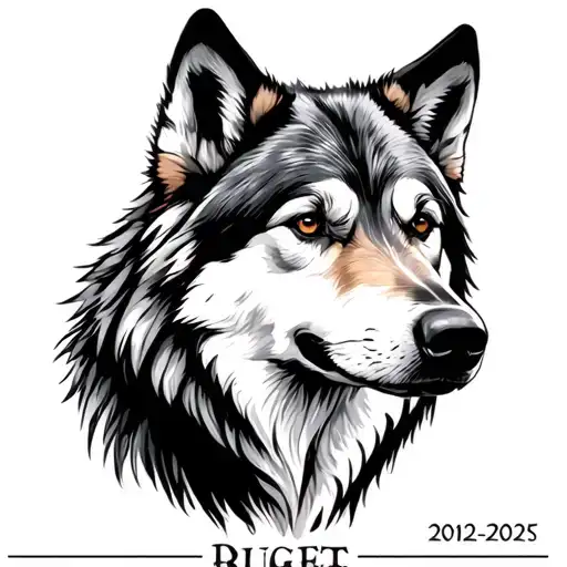 "Ruget 2012-2025" memorial for wolf dog  tattoo design idea
