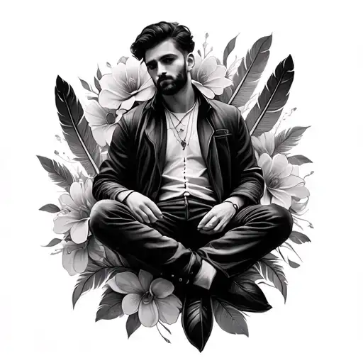 feathers or flowers for man sitting tattoo design idea