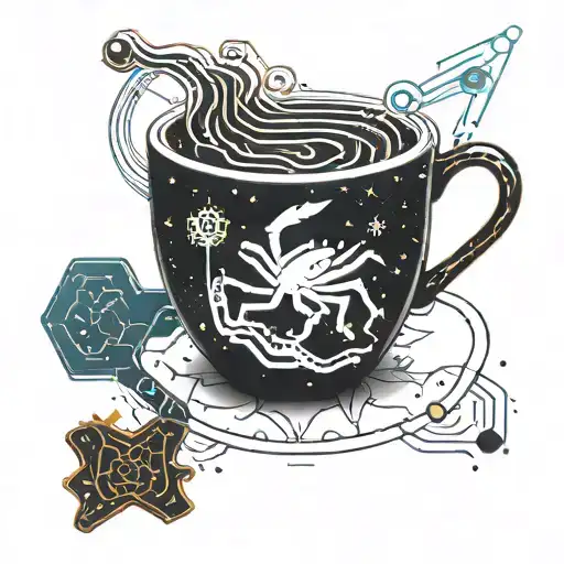 A minimalist coffee cup with a Scorpio constellation as steam tattoo design idea