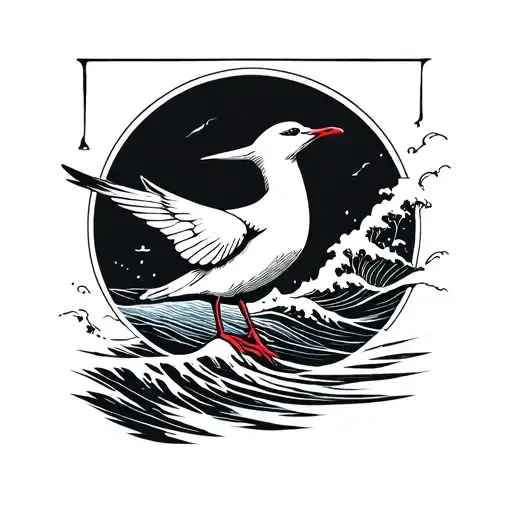 seagull and wave letter stamp tattoo design idea