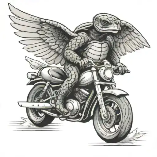  turtle riding a motorcycle with angel wings   tattoo design idea