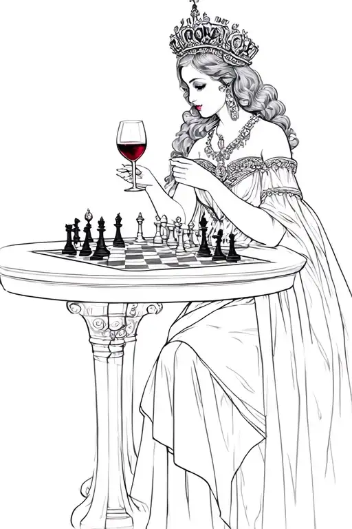An attractive queen holding a wine glass and playing chess against the Grim Reaper tattoo design idea