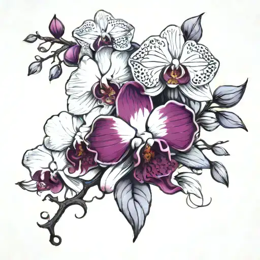 white and deep purple orchid branch with waning moon and lady bug tattoo design idea