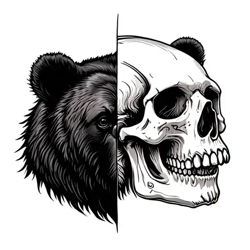 Half face bear and skull tattoo design idea