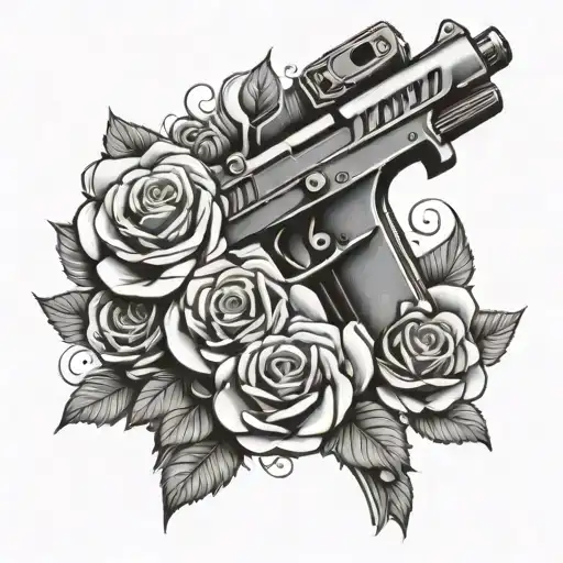 razor blade and pistol surrounded by roses tattoo design idea