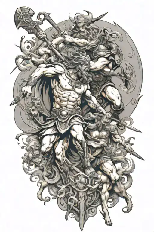 Greek and Norse Gods in battle scene tattoo design idea