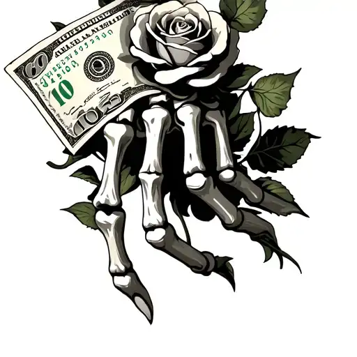 skeleton hand with 100 dollar bill rose tattoo design idea