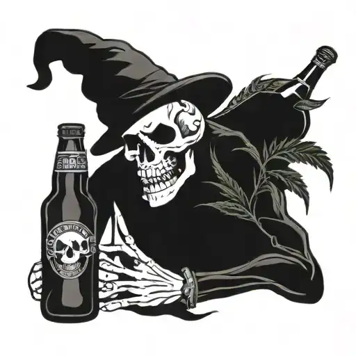 weed smoking skeleton drinking beer bottles tattoo design idea