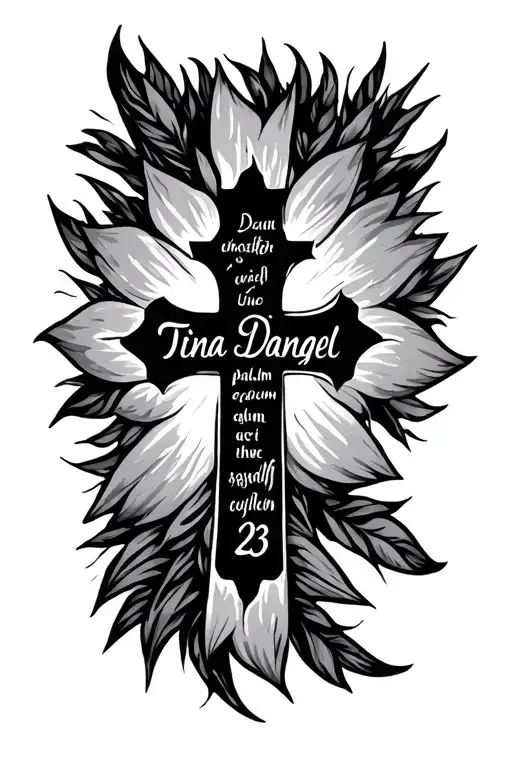 A minimalist cross made from The words Tina Dangel and Psalm 23 in cursive tattoo design idea