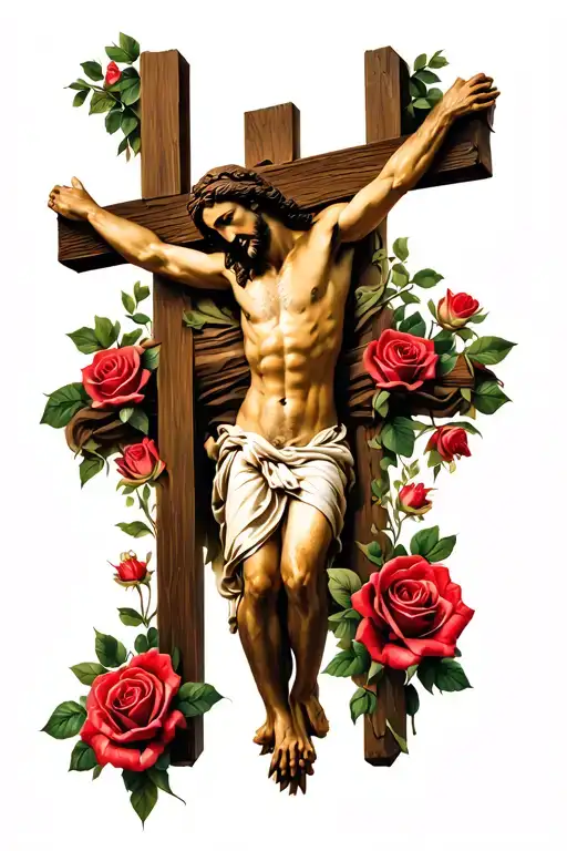 Jesus on cross with roses and one tulup tattoo design idea