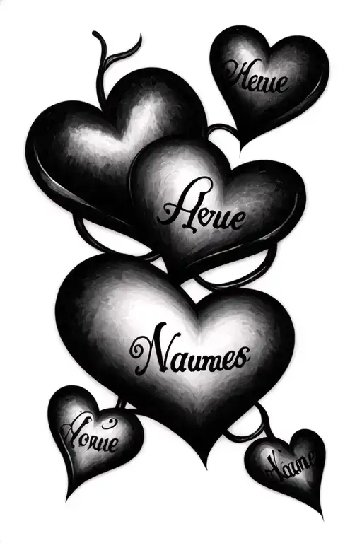 hearts with 4 names tattoo design idea