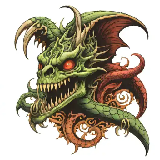 Basilisk wrapped on skull surrounded tattoo design idea