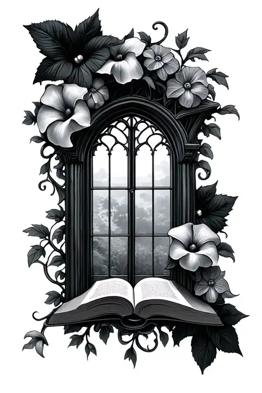 Roman Gothic architecture window with open book and morning glory vine flowers or mushrooms intertwined tattoo design id tattoo design idea