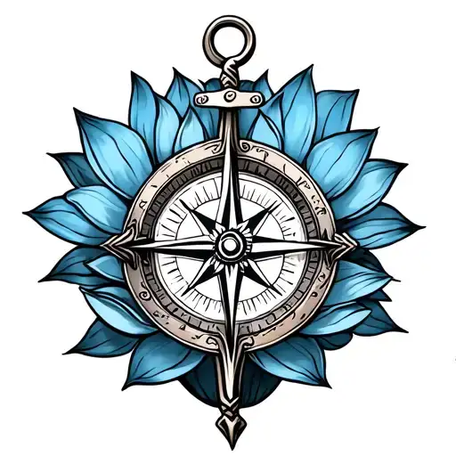compass with anchor and blue lotus flower tattoo design idea