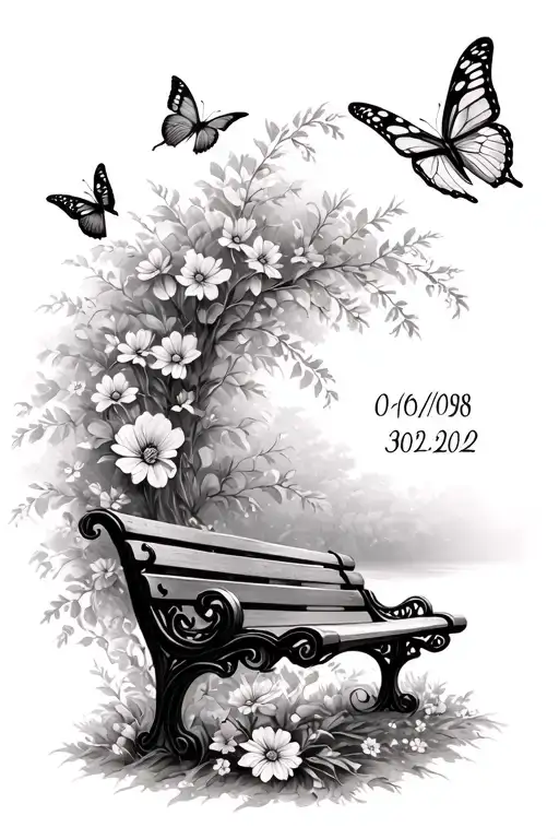 park bench, flowers and butterflies surrounding them, tribute tatto, dates of 01/06/1998- 30/12/2023 tattoo design idea
