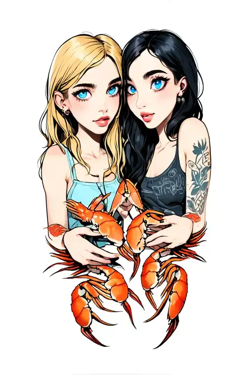 two girls selling shrimp and crab claws with blue eyes one has blonde hair one has black there tattoo design idea
