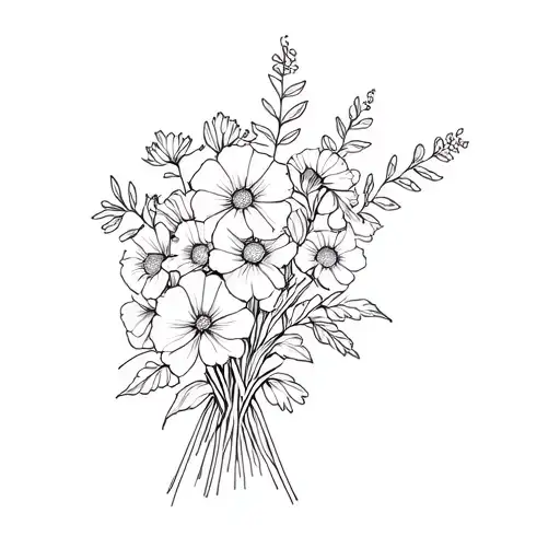 Fineline tattoo of a Bouquet of flowers with no vase. The bouquet consists of carnations, honeysuckles, morning glories, tattoo design idea
