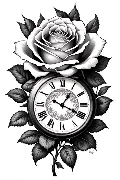 Rose clock embedded tattoo design idea