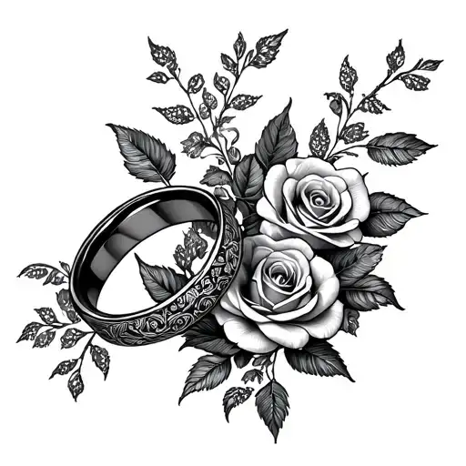 A romantic black & grey rib tattoo of intertwined wedding rings surrounded by roses and floral vines, symbolizing soulmates and meaningful connections tattoo design idea