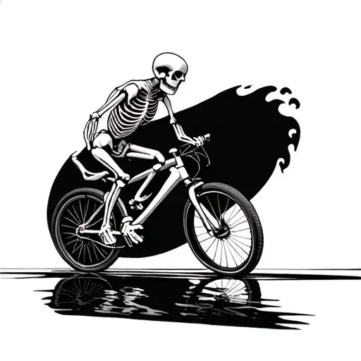 running skeleton in a linework wave linework bike reflected under skeleton tattoo design idea