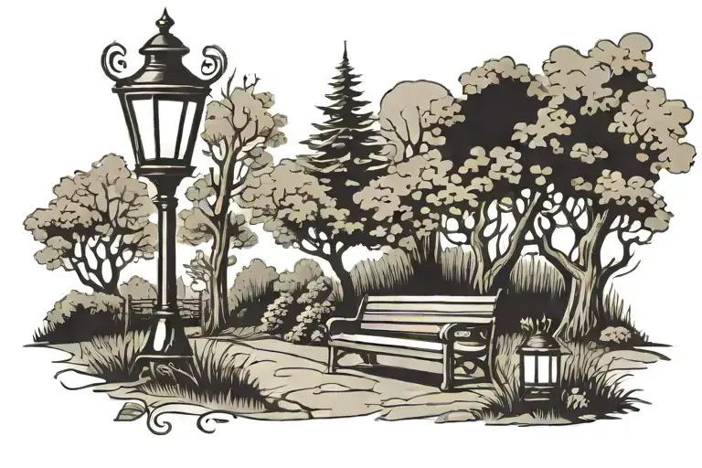 a park with a bench and a lantern tattoo design idea