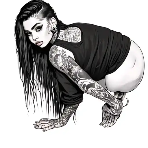 woman with long hair undercut with ear gauges, spectrum piercing, and fully covered in tattoos. wearing baggy clothes  tattoo design idea
