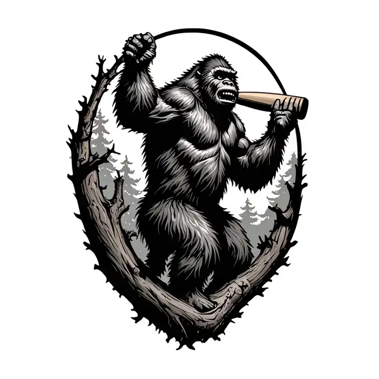 Bigfoot swinging tree like a baseball bat tattoo design idea
