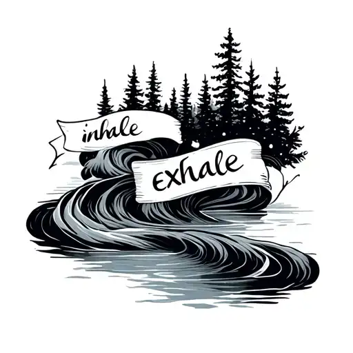 minimal winding river with the words "inhale" and "exhale" spelled tattoo design idea