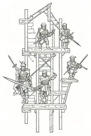 Medieval warriors with weapons in armor on a wooden siege ladder on the castle wall tattoo design idea