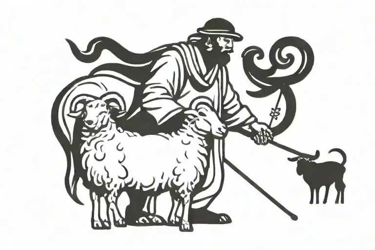 A simple line drawing of a shepherd with a crook, standing next to a sheep. Both figures are depicted in a pastoral, rur tattoo design idea