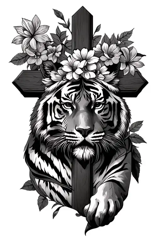 no colored cross with flowers and Jesus face with a tigers body wrapping around it  tattoo design idea