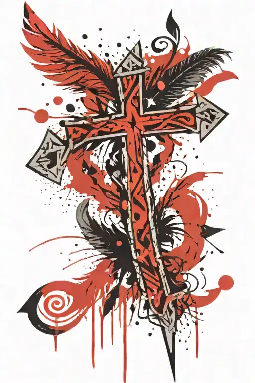 Tribal cross with hunting arrowsand feathers falling tattoo design idea