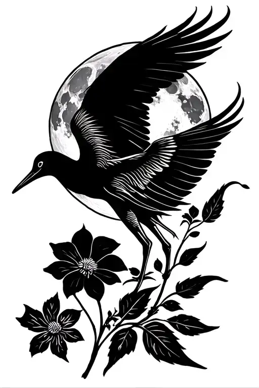Crane flying upward+small mallow flower, against the unobtrusive background of the moon and sun tattoo design idea
