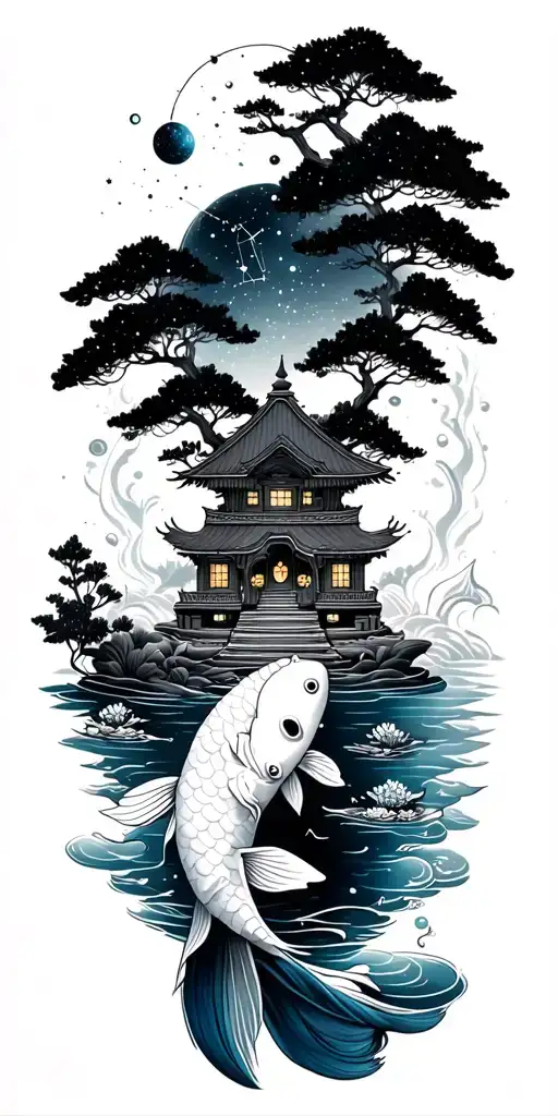 Buddhist tattoo. water and koi on wrist, trees and nature with small home in middle, constellation and space on top tattoo design idea