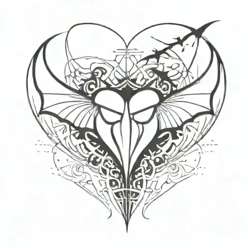 cyber sigilism heart with bats  tattoo design idea