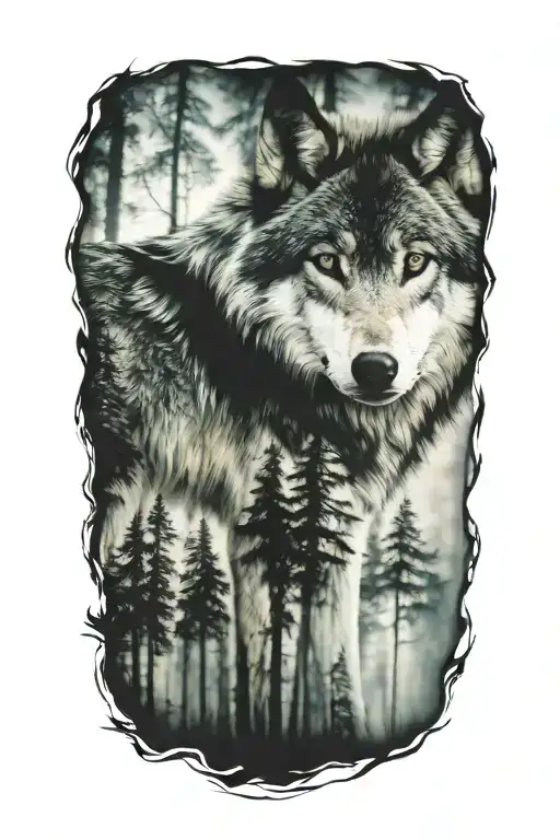 wolf blue eyes forest landscape tattoo design idea