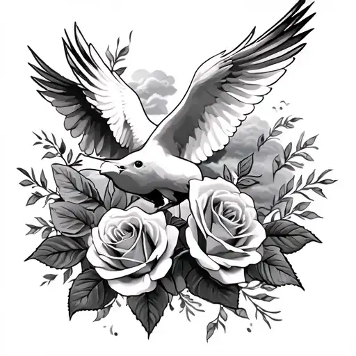 doves and roses and clouds surrounding tattoo design idea
