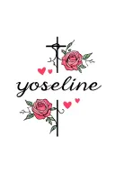 the name "yoseline" surrounded in roses, hearts, and a beautiful cross for a forearm tattoo tattoo design idea