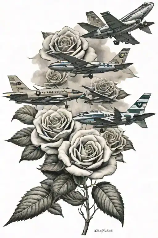jets flying over rose field tattoo design idea