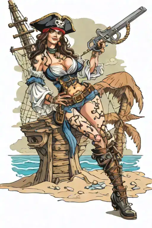 Sexy pirate girl, Gigantic Boobs, cleavage, torn clothing, skin tight pants, boots, standing on the beach by the ocean tattoo design idea
