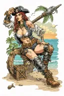 Sexy pirate girl, Gigantic Boobs, cleavage, torn clothing, skin tight pants, boots, standing on the beach by the ocean tattoo design idea
