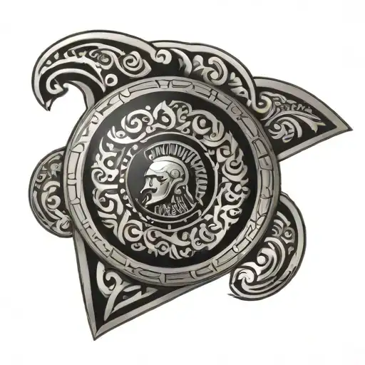 spartan shield with seamless greek patterns tattoo design idea