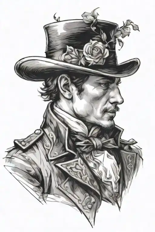 A man in profile in an aristocrat's suit, wearing a hat and with a watch, face in black and white , sketch, no flower tattoo design idea