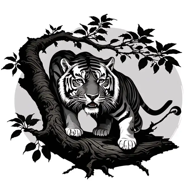 tiger climbing tree branch tattoo design idea