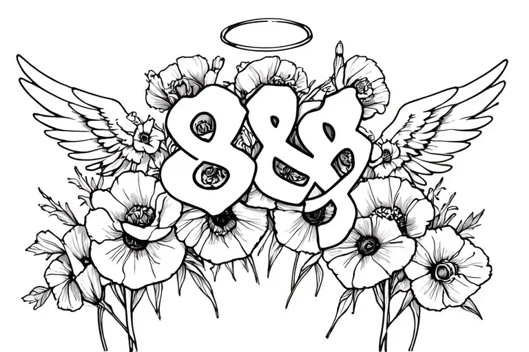 888 angel number with poppies & Gladioli, halo and wings on top of the 888 angel numbers tattoo design idea