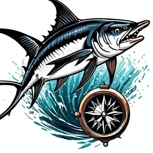 Marlin jumping and add a fishing rod casting a line also need to include a compass  tattoo design idea